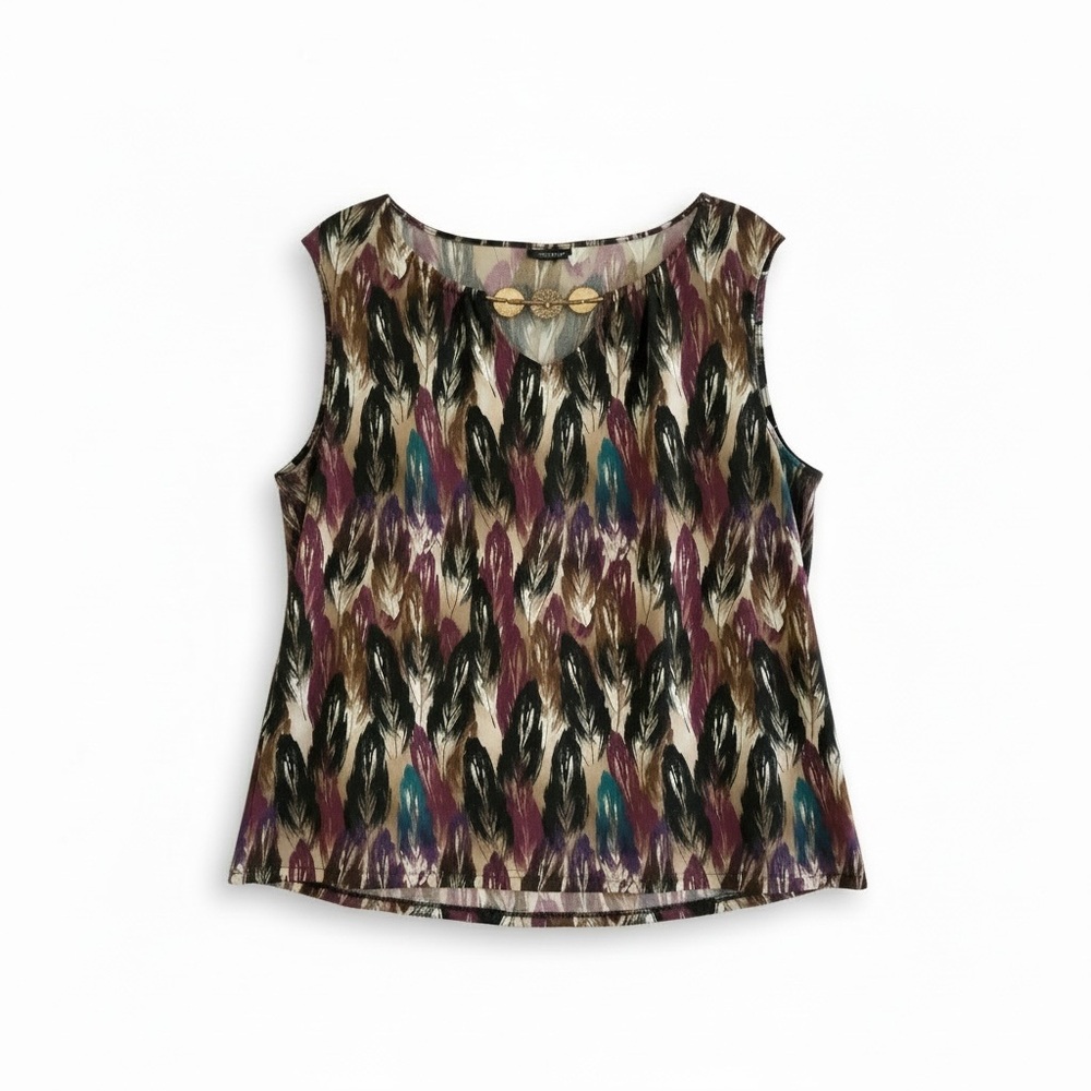East 5th Feather-Print Scoop Neck Tank Top - Teal, Plum, Brown, Black